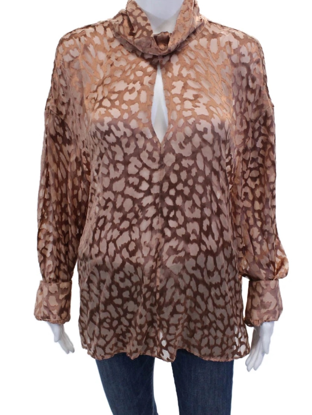 Reiss Taupe and Brown Animal-Print Keyhole Blouse